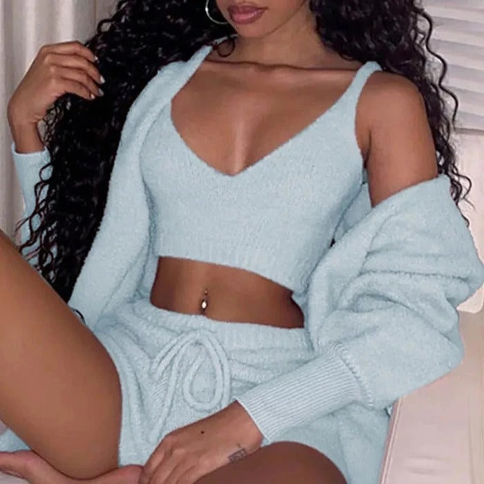 3pcs Womens Long Sleeve Crop Tank Top And Drawstring Shorts Pajama Set