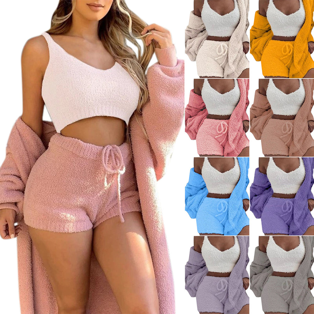 3pcs Womens Long Sleeve Crop Tank Top And Drawstring Shorts Pajama Set